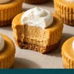 Mini pumpkin cheesecakes with graham cracker crusts, topped with whipped cream and a sprinkle of cinnamon on a platter.