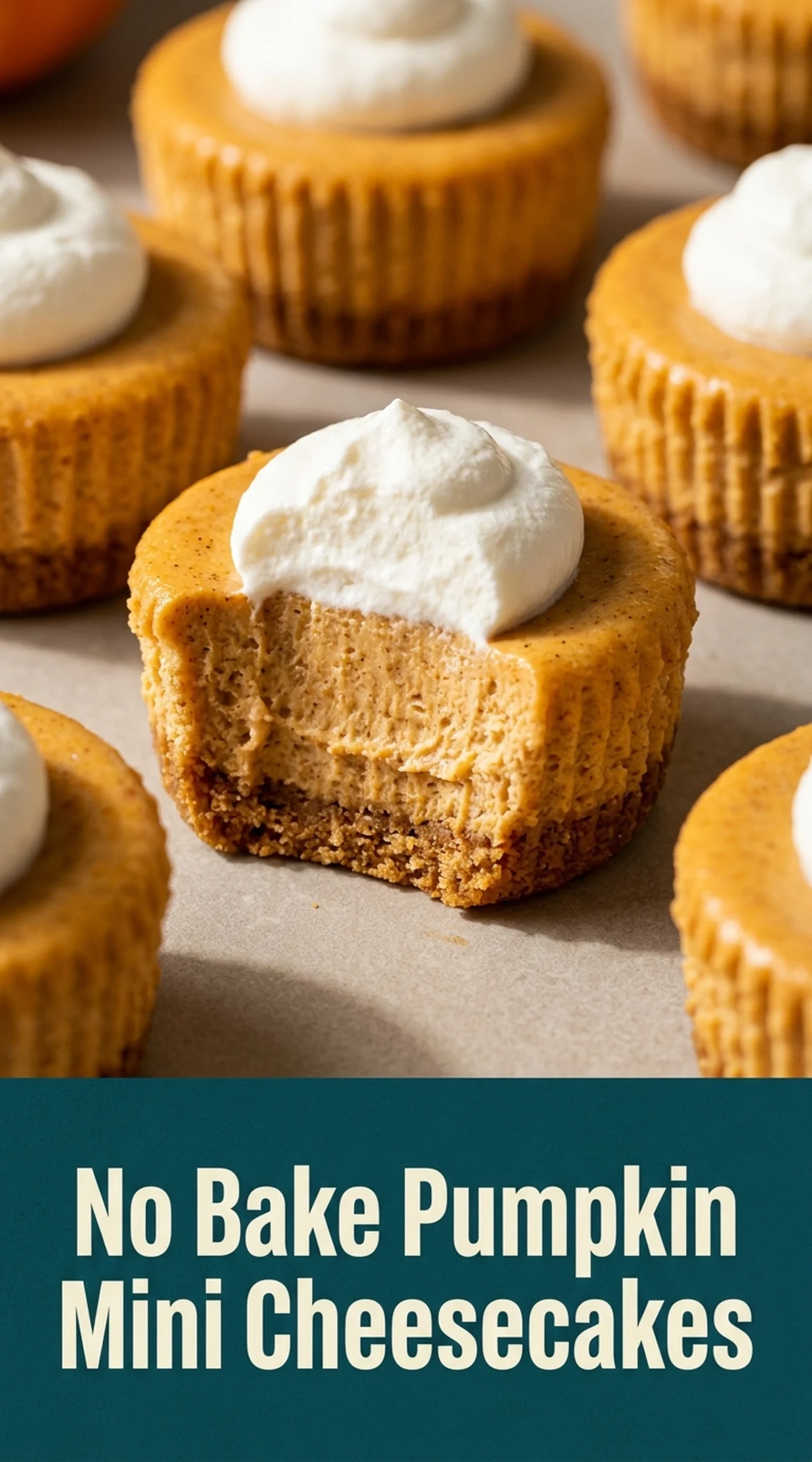 Mini pumpkin cheesecakes with graham cracker crusts, topped with whipped cream and a sprinkle of cinnamon on a platter.