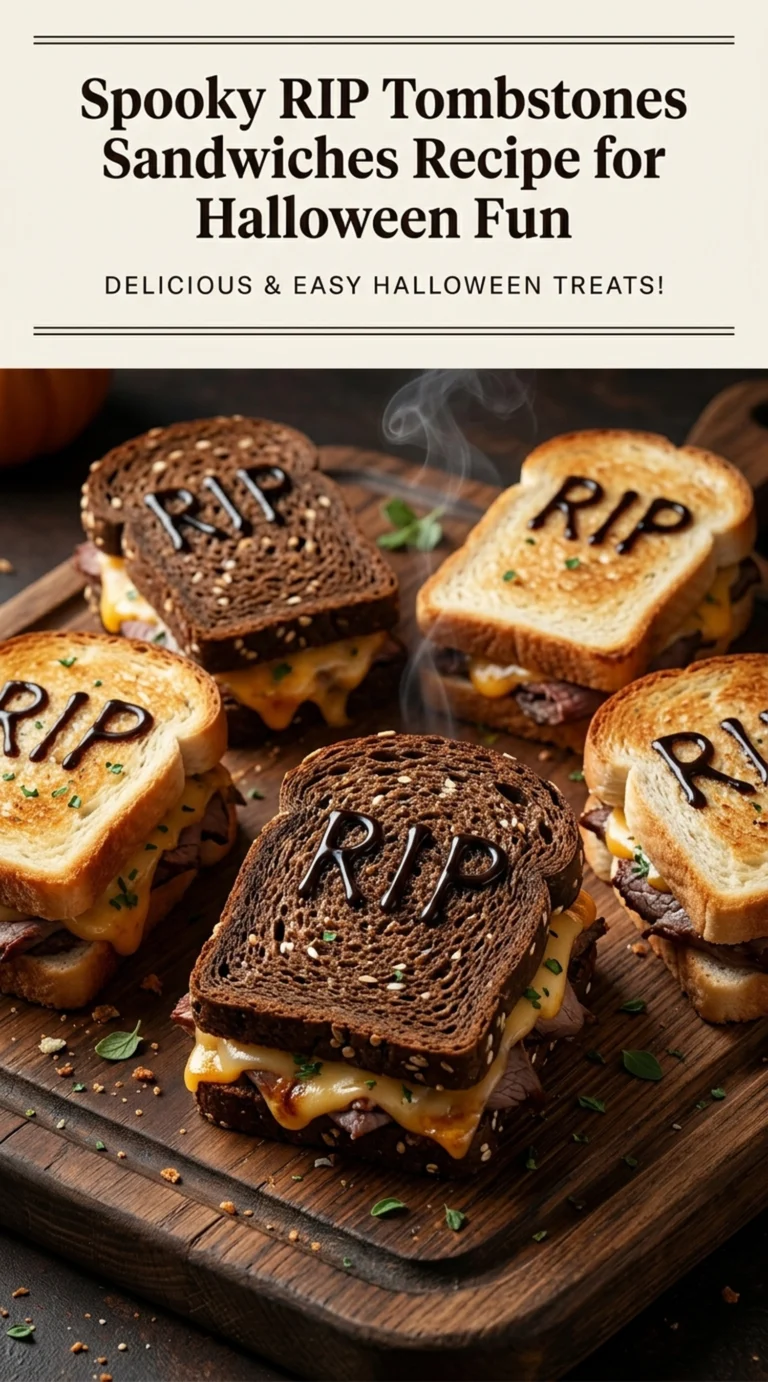 Tombstone-shaped sandwiches on a platter with RIP carved into the bread, surrounded by dip and spooky Halloween decorations.