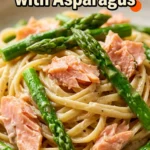Creamy pasta with smoked salmon ribbons and sautéed asparagus tips in a white bowl, garnished with fresh dill.