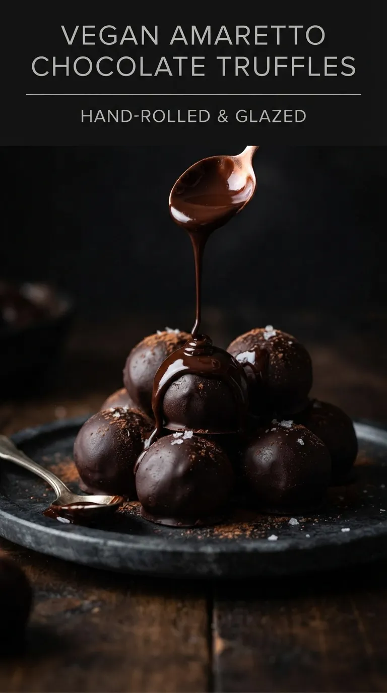 Vegan amaretto chocolate truffles dusted in cocoa powder, piled on a dark plate with almond slivers for garnish.