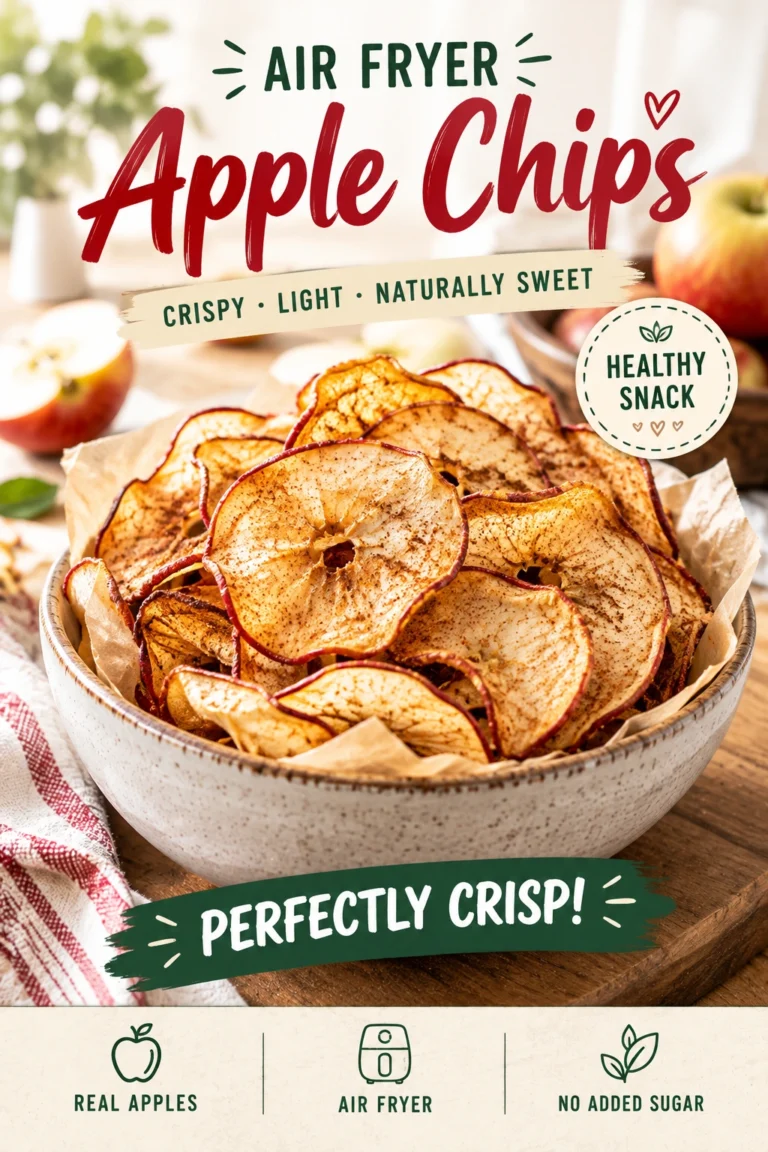 Thinly sliced, golden-brown crispy apple chips piled in a bowl with a sprinkle of cinnamon on top.