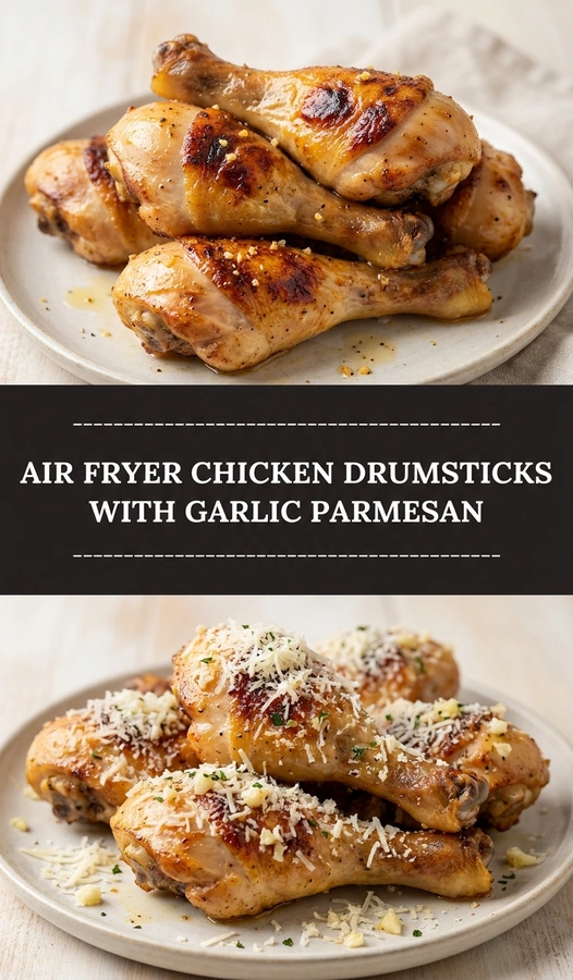 Crispy air fryer chicken drumsticks coated in garlic parmesan cheese, garnished with fresh parsley on a white serving platter.