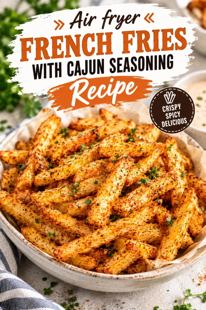 Crispy air fryer french fries dusted with red Cajun seasoning, served in a white bowl with a side of ketchup.