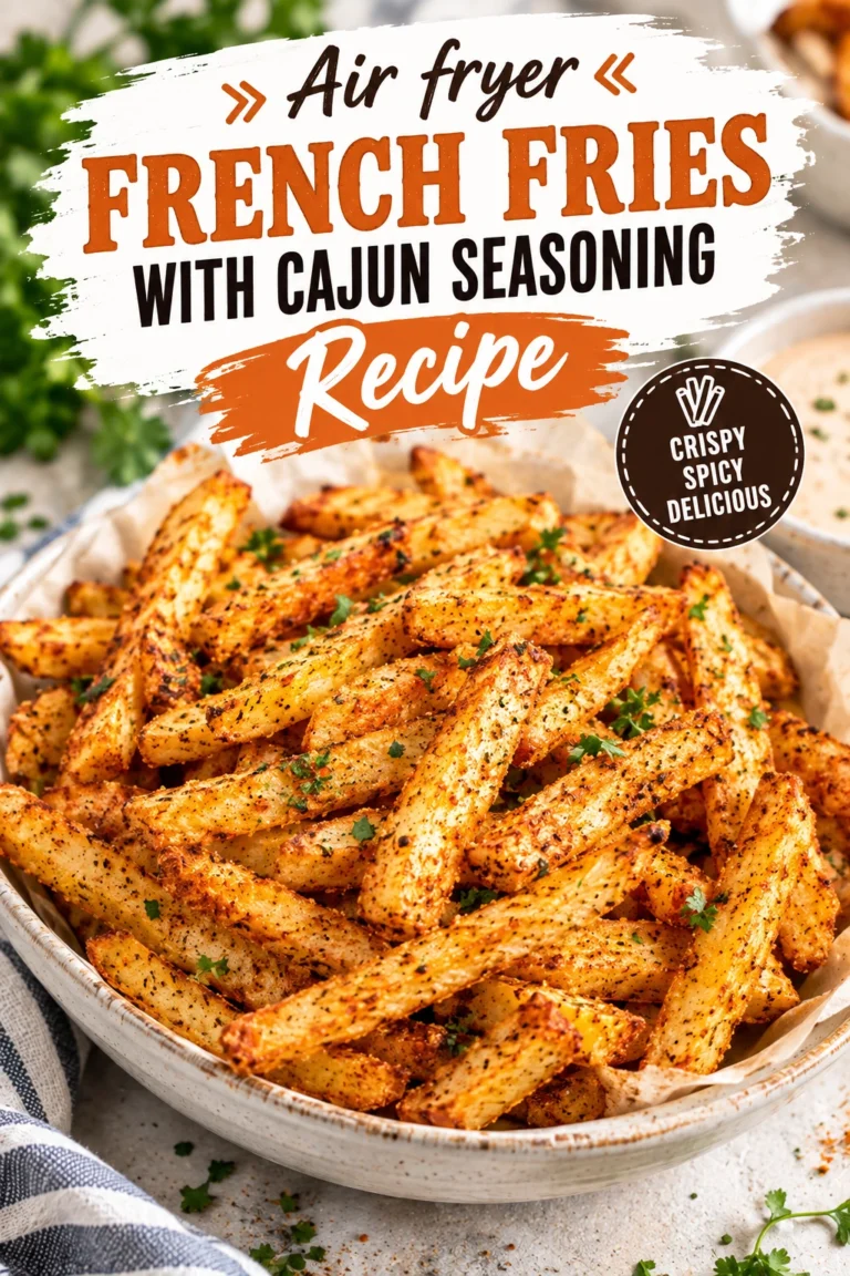 Crispy air fryer french fries dusted with red Cajun seasoning, served in a white bowl with a side of ketchup.