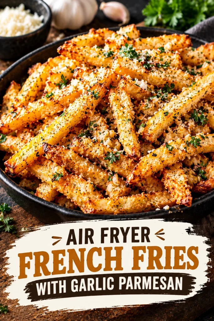 Crispy golden air fryer french fries tossed in garlic parmesan cheese, served in a bowl with a side of ketchup.