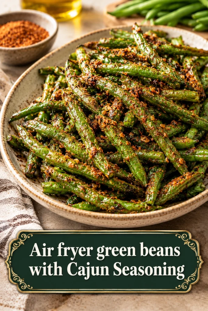 Crispy air fried green beans tossed in reddish-brown Cajun seasoning, served in a white bowl with a side garnish.