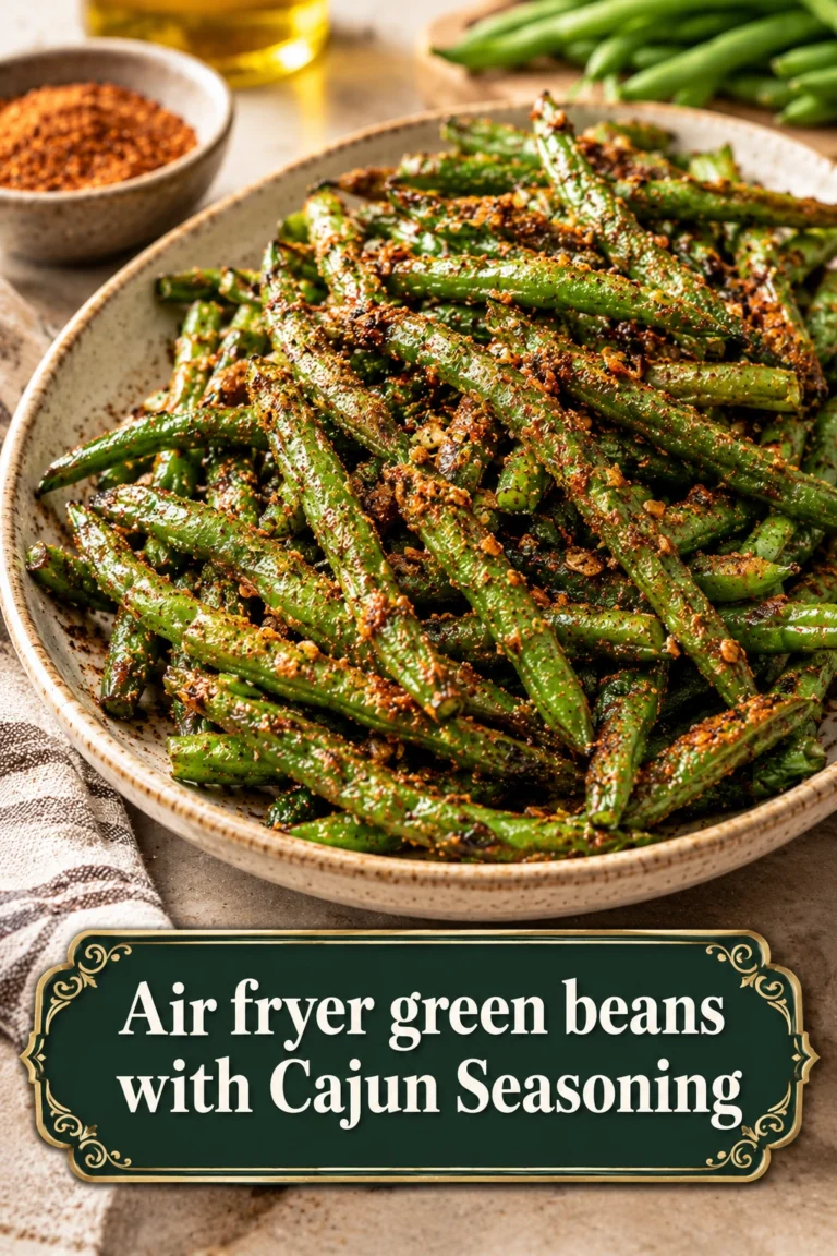 Crispy air fried green beans tossed in reddish-brown Cajun seasoning, served in a white bowl with a side garnish.