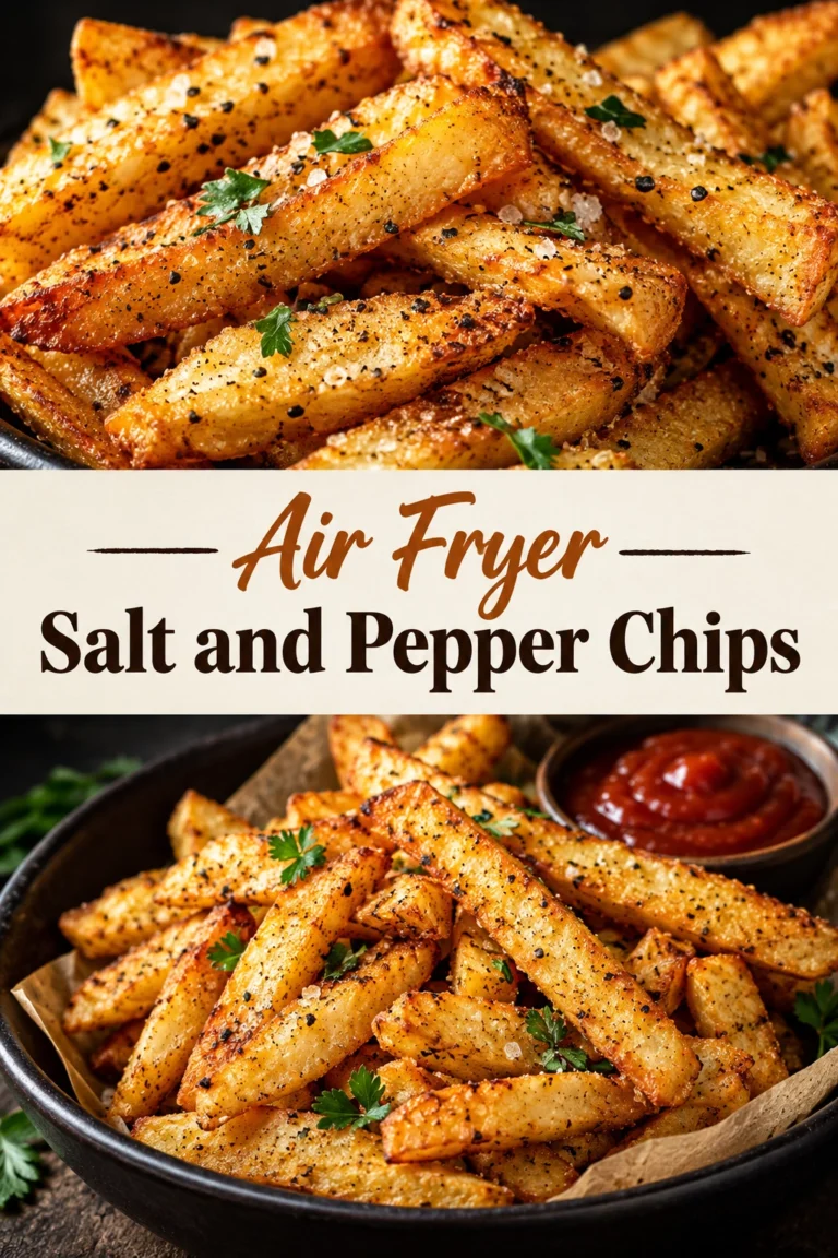 Golden-brown air fried potato chips seasoned with salt and pepper, piled in a bowl and garnished with chopped parsley.