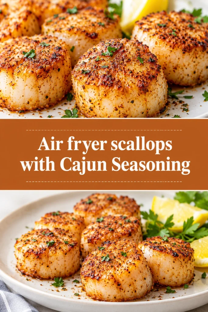 Seared Cajun scallops with a golden-brown crust, served on a plate and garnished with fresh chopped parsley.