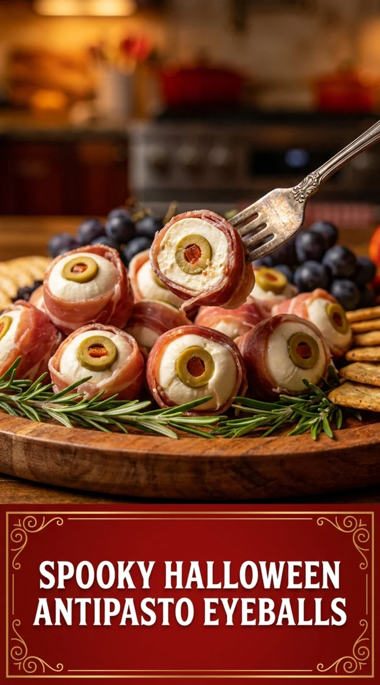 Mozzarella balls topped with sliced green olives and a sliver of pimiento to look like eyeballs on a platter.