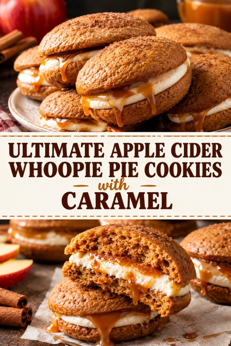 Two apple cider whoopie pie cookies sandwiched with caramel filling, stacked on a plate with a drizzle of caramel.