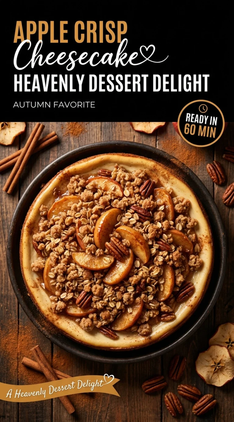 A slice of creamy cheesecake topped with spiced cinnamon apples and a golden brown oat crumble topping.