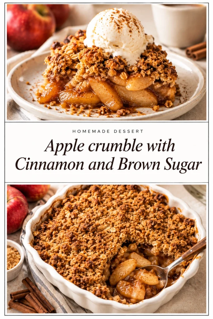 A warm apple crumble in a baking dish with a golden brown cinnamon sugar topping and softened apple filling.