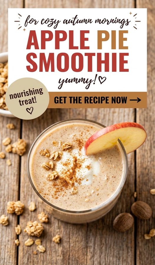 A creamy apple pie smoothie in a glass jar, topped with a cinnamon stick and a fresh apple slice.