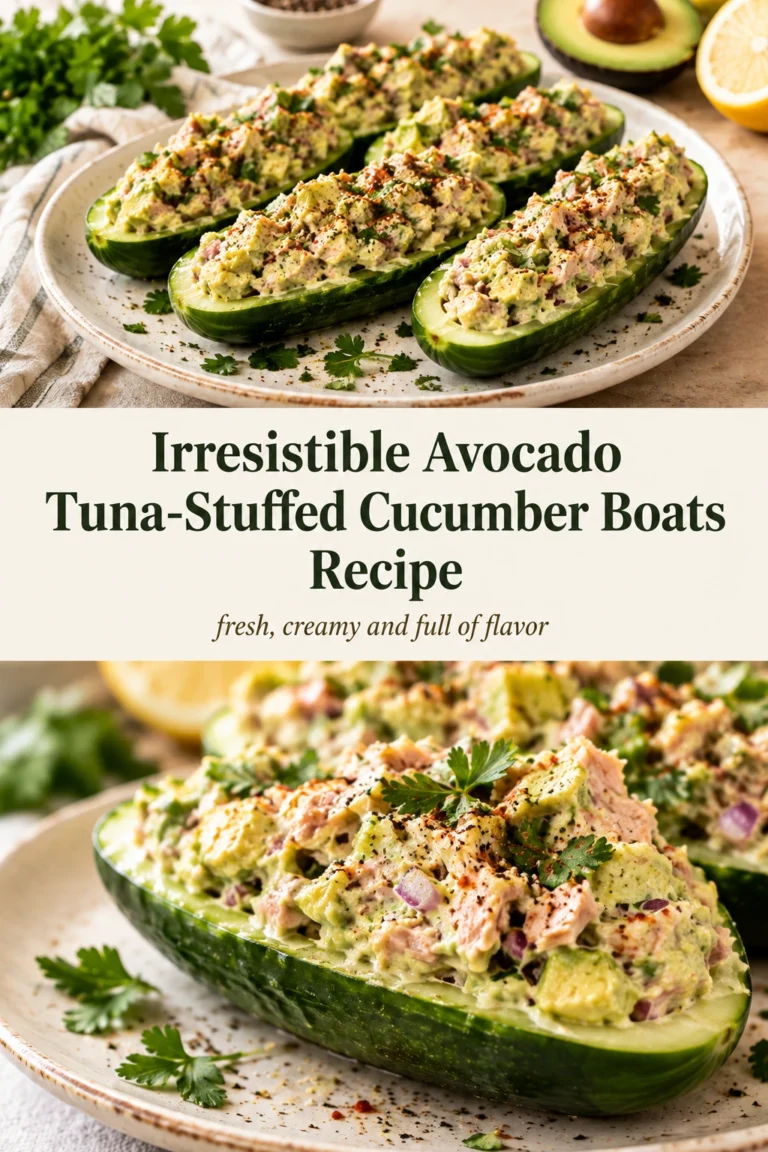 Cucumber halves hollowed out and filled with a creamy avocado and tuna salad, garnished with fresh herbs on a plate.