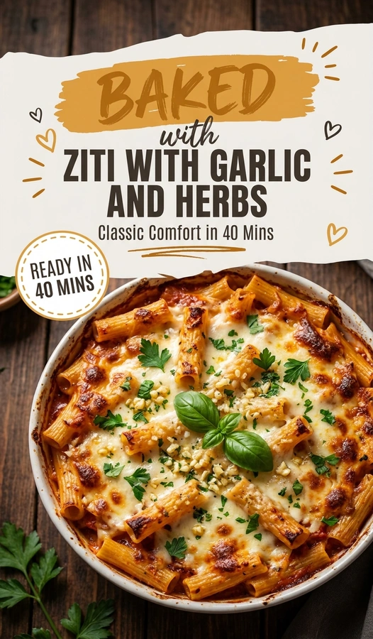 Cheesy baked ziti pasta with tomato sauce and melted mozzarella in a baking dish, topped with fresh green herbs.