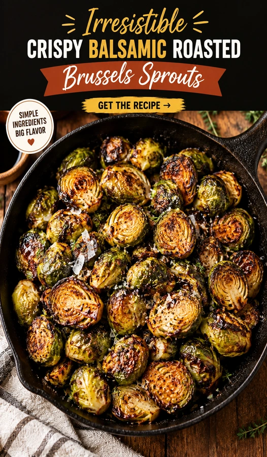 Charred balsamic roasted Brussels sprouts halved and caramelized, served in a rustic bowl with a glossy glaze.
