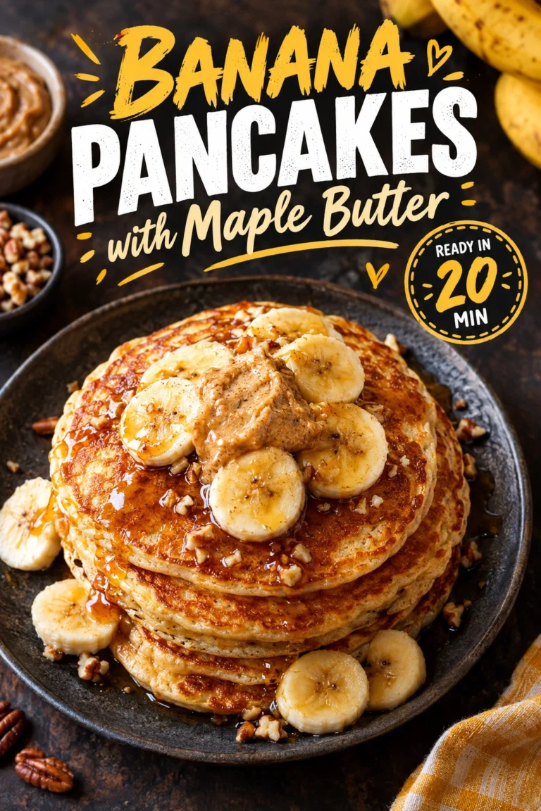 A stack of fluffy banana pancakes topped with a melting pat of maple butter and drizzled with golden syrup.