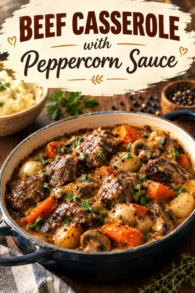 Slow-cooked beef chunks in a creamy peppercorn sauce served in a rustic ceramic dish with fresh parsley garnish.