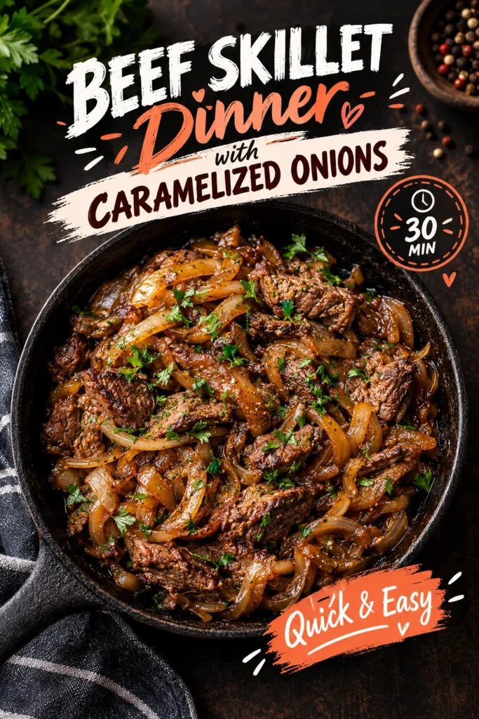 A cast iron skillet filled with seared beef cubes and golden caramelized onions, garnished with fresh chopped parsley.