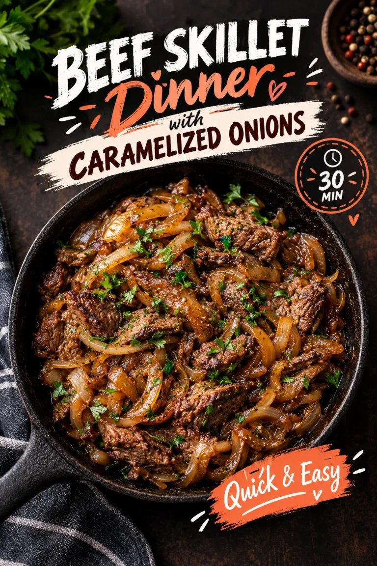 A cast iron skillet filled with seared beef cubes and golden caramelized onions, garnished with fresh chopped parsley.