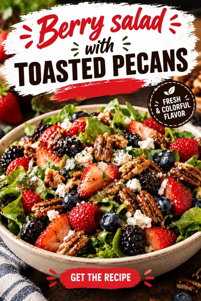 A vibrant berry salad with strawberries, blueberries, and raspberries, topped with toasted pecan halves in a white ceramic bowl.