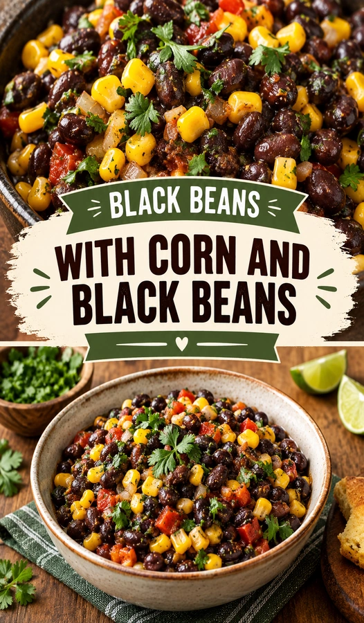 A white bowl filled with savory black beans and yellow corn, garnished with fresh cilantro and diced red onion.