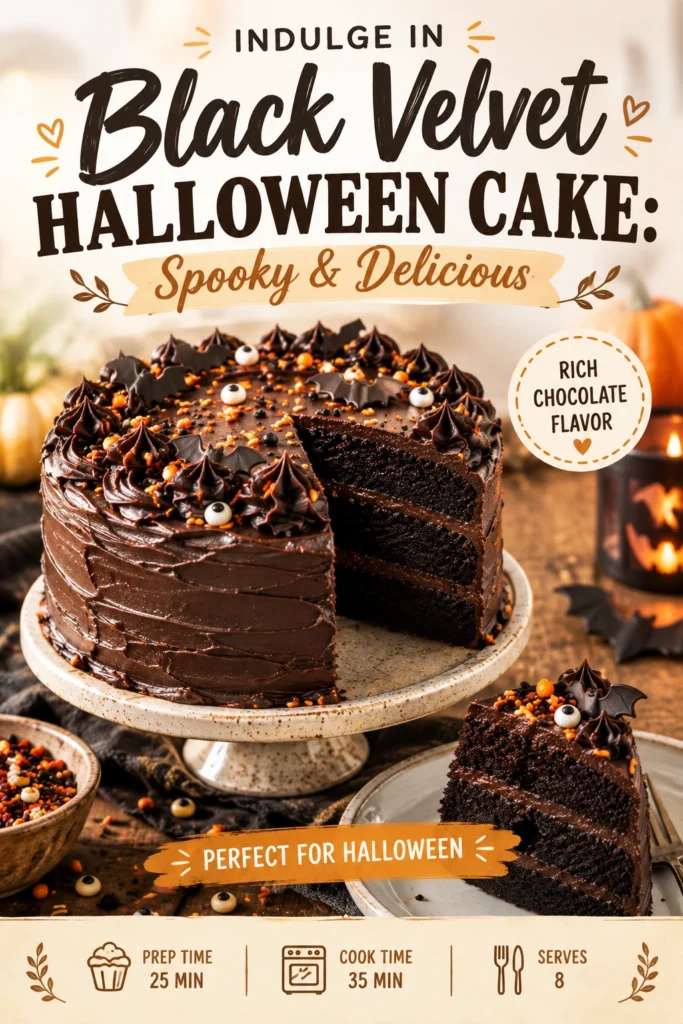 A multi-layered deep purple chocolate cake with dark frosting, topped with edible spiderwebs and small spooky decorative accents.
