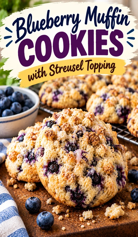 Soft blueberry muffin cookies with a crumbly cinnamon streusel topping, stacked on a plate with fresh blueberries scattered around.