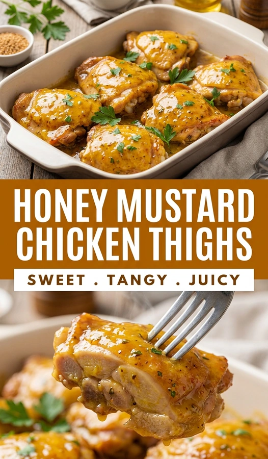 Golden brown boneless chicken thighs coated in a glossy honey mustard glaze, served on a plate with fresh parsley.