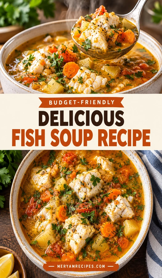 A bowl of hearty fish soup with chunks of white fish, carrots, and potatoes in a clear broth.