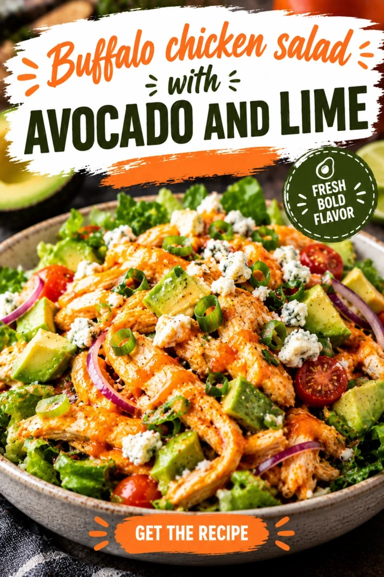 Buffalo chicken salad with sliced avocado and lime wedges in a bowl, garnished with fresh cilantro and red onion.