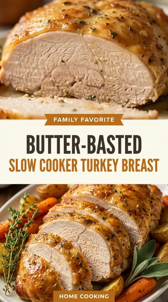 Golden brown slow cooker turkey breast on a platter, garnished with fresh rosemary and thyme, drizzled with melted butter.