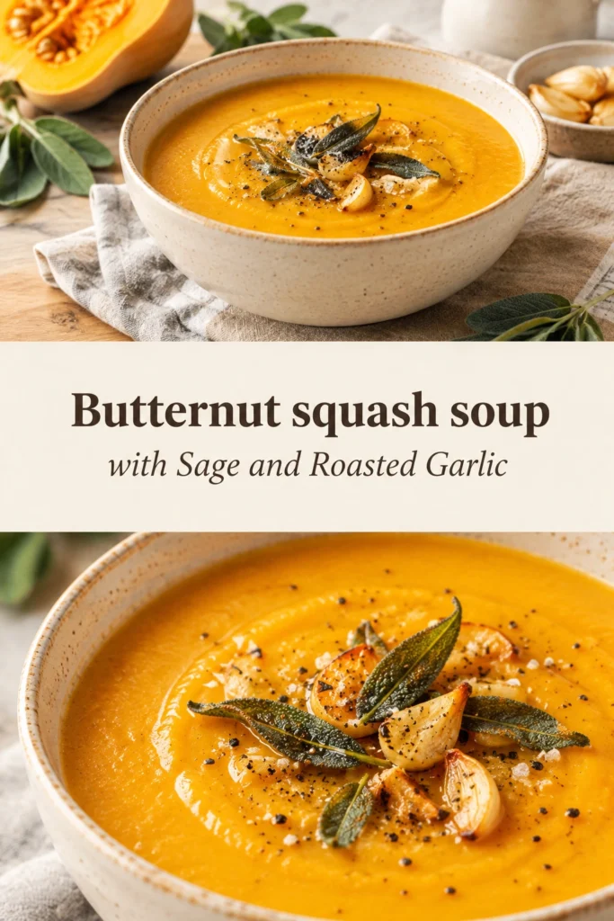 Creamy orange butternut squash soup in a white bowl, garnished with fresh sage leaves and a drizzle of cream.