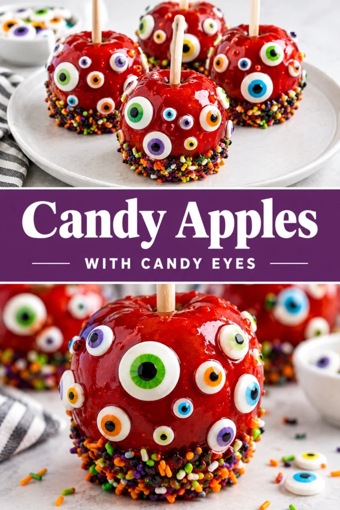 Bright red candied apples with candy eyes and smiling faces, displayed on a wooden platter for a festive treat.