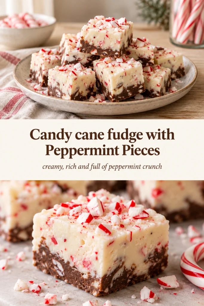 Squares of white and red swirled peppermint fudge topped with crushed candy cane pieces on a white platter.