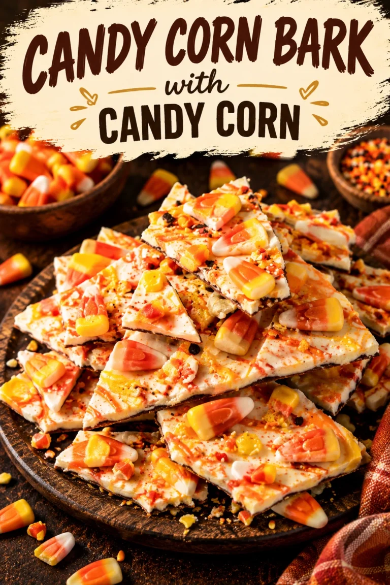 White chocolate bark broken into shards, topped with orange, yellow, and white candy corn and colorful sprinkles.