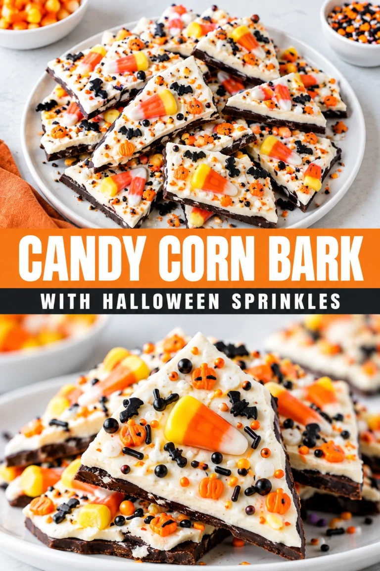 White chocolate bark layered with yellow and orange candy corn colors, topped with festive Halloween sprinkles and candy corn.