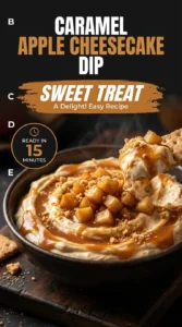 Creamy caramel apple cheesecake dip in a bowl, topped with caramel drizzle and apple slices, served with fresh apple wedges.