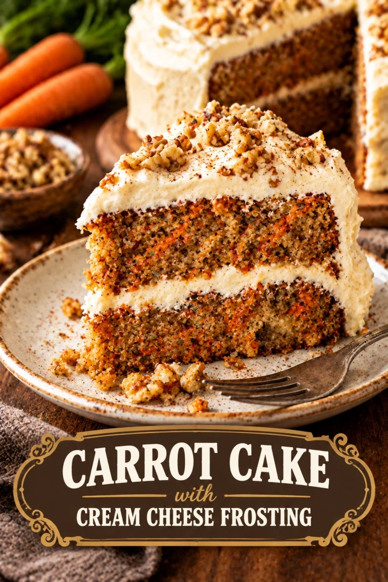 A slice of moist carrot cake with cream cheese frosting, topped with a whole baby carrot on a plate.