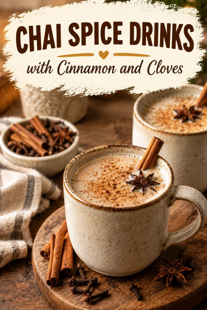 Two mugs of frothy chai tea topped with cinnamon sticks and whole cloves, set on a rustic wooden surface.