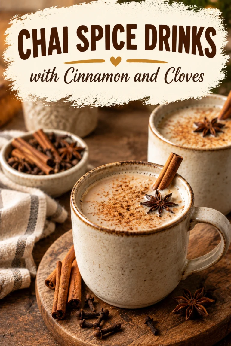 Two mugs of frothy chai tea topped with cinnamon sticks and whole cloves, set on a rustic wooden surface.