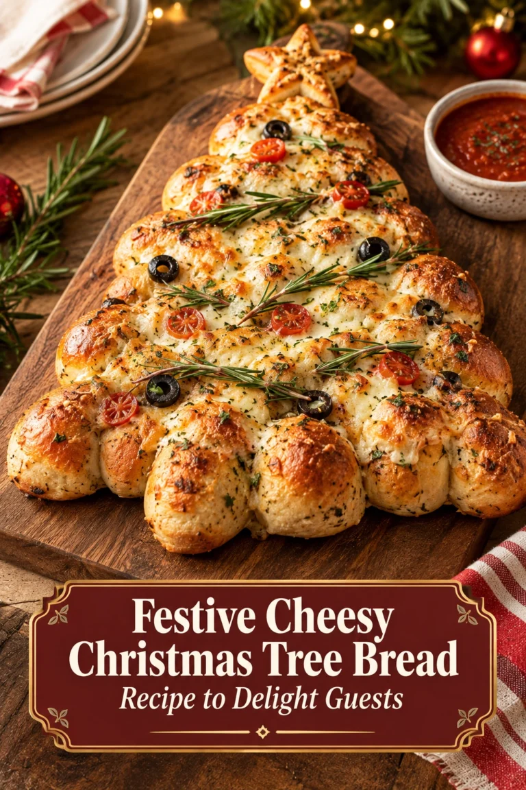 Golden brown braided bread shaped like a Christmas tree, topped with melted cheese and small red cherry tomatoes.
