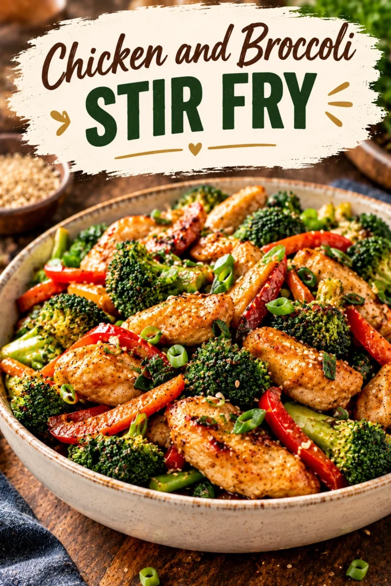 Chicken and broccoli stir fry with a glossy brown sauce in a white bowl, garnished with sesame seeds.