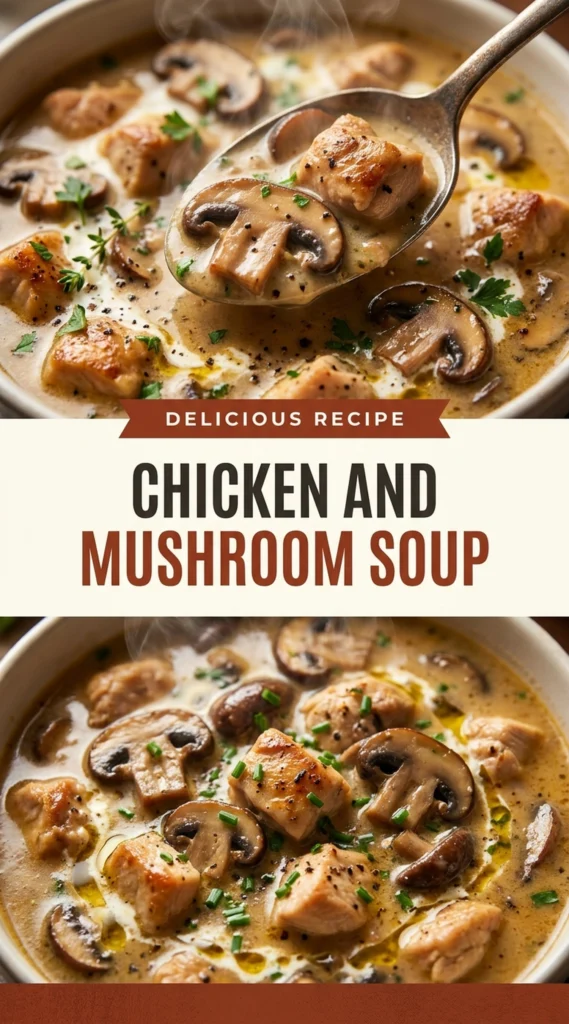 A bowl of hearty chicken and mushroom soup with chunks of tender chicken, sliced mushrooms, and fresh herbs.