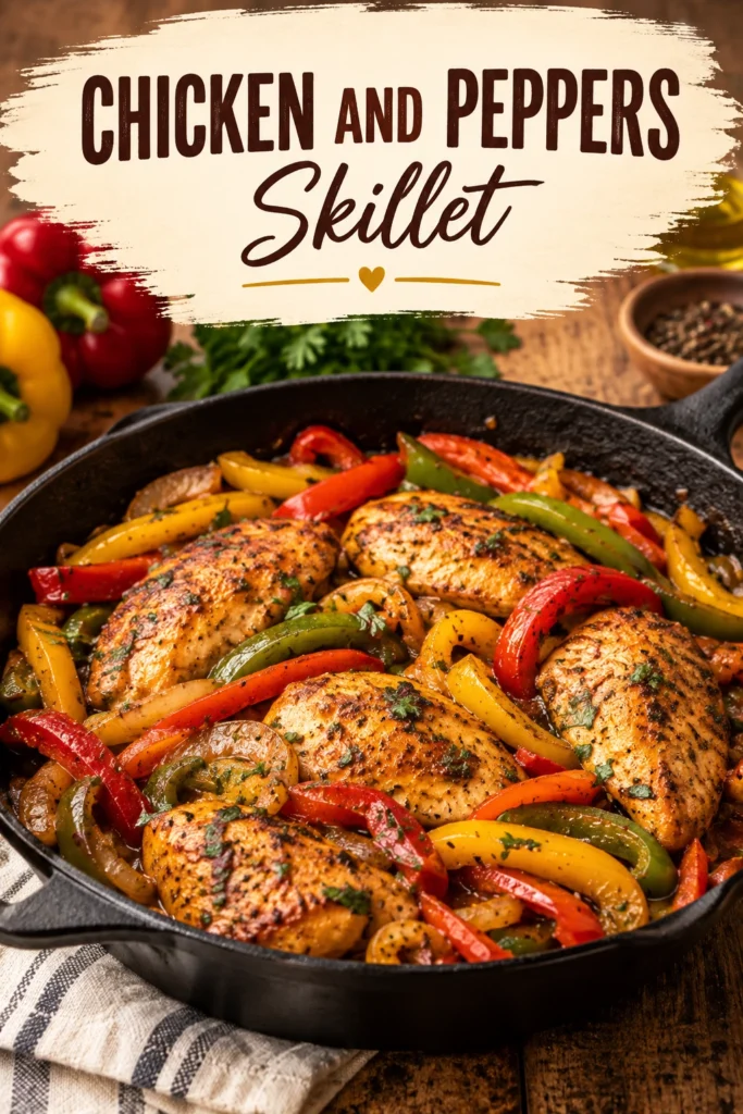 Sautéed chicken breast chunks with sliced red, green, and yellow bell peppers in a cast iron skillet.