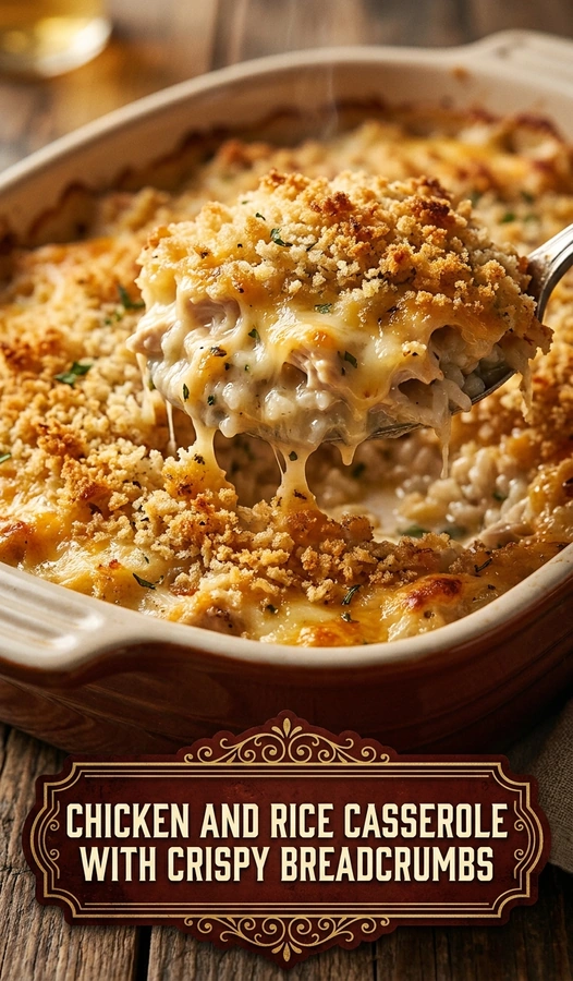 Baked chicken and rice casserole in a white baking dish, topped with a golden brown, crispy breadcrumb crust.