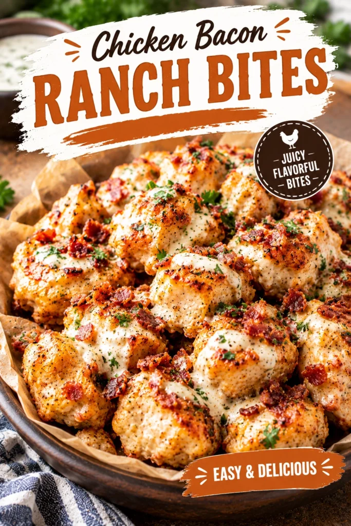 Bite-sized pieces of cooked chicken wrapped in bacon, baked until crisp and served with a side of ranch dressing.