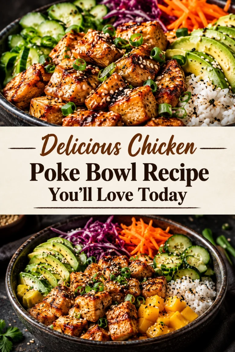 Chicken poke bowl with cubed marinated chicken, sliced avocado, shredded carrots, edamame, and cucumber over white rice.